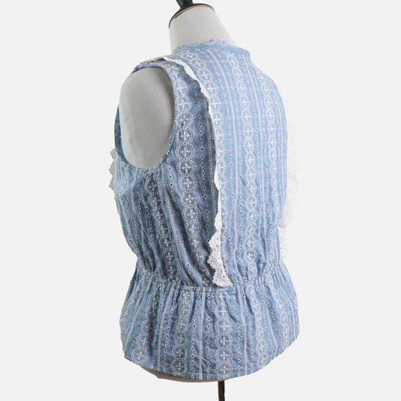 Ann Taylor Size L Chambray Lace Tie Front Top Peplum Sleeveless Blue - Picture 4 of 10